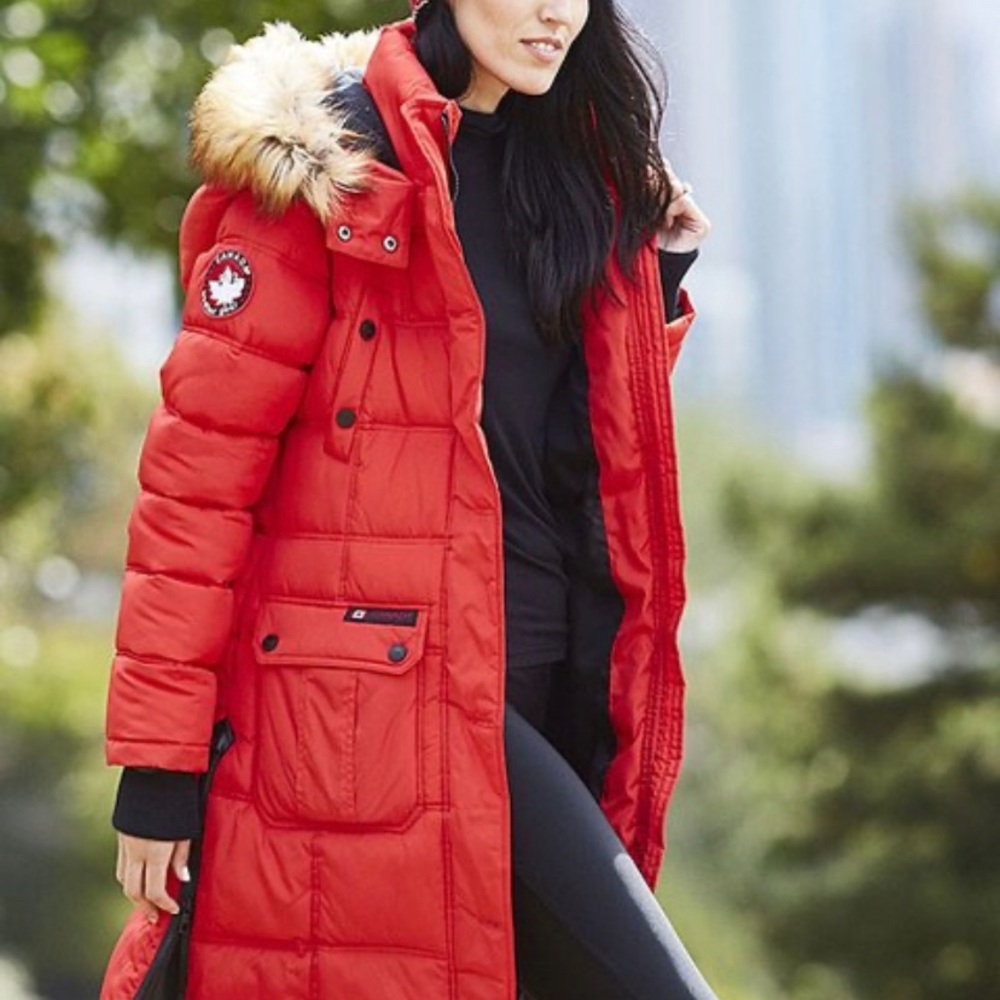 Red Faux Fur Long Hooded Puffer Coat